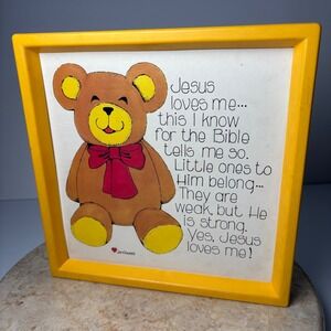 Vintage Jan Crockett Jesus Loves Me Teddy Bear Framed Art Yellow Nursery Decor